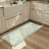 Covaba vintage floral bird runner rug in willow sage, styled in a room setting