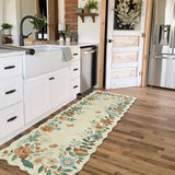 Covaba boho modern parisian floral scalloped runner rug in warm beige, styled in a room setting, view 3