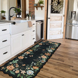 Covaba boho modern parisian floral scalloped runner rug in ink black, styled in a room setting, view 2