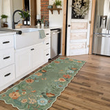 Covaba boho modern parisian floral scalloped runner rug in fern green, styled in a room setting, view 5