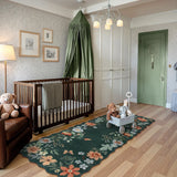 Covaba boho modern parisian floral scalloped runner rug in forest fern, styled in a room setting, view 3