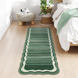 Covaba modern abstract bordered scalloped runner rug in fern green, styled in a room setting, view 2