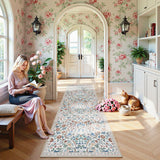 Covaba maximalism vibrant blossom floral runner rug in warm beige, styled in a room setting