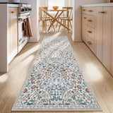 Covaba maximalism vibrant blossom floral runner rug in warm beige, styled in a room setting, view 2