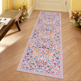 Covaba maximalism vibrant blossom floral runner rug in blush clay, styled in a room setting