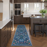 Covaba maximalism vibrant floral runner rug in stormy blue, styled in a room setting, view 2