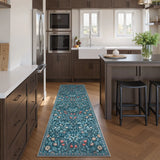 Covaba maximalism vibrant floral runner rug in teal haze, styled in a room setting