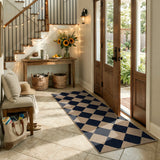 Covaba geometric checkered easy jute indoor/outdoor runner rug in coffee brown, styled in a room setting, view 4