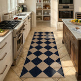 Covaba geometric checkered easy jute indoor/outdoor runner rug in coffee brown, styled in a room setting, view 2