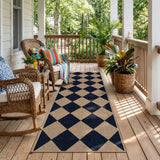 Covaba geometric checkered easy jute indoor/outdoor runner rug in coffee brown, styled in a room setting, view 5