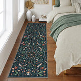 Covaba boho insect botanical floral runner rug in ink black, styled in a room setting, view 5