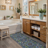 Covaba boho insect botanical floral runner rug in stormy blue, styled in a room setting, view 2