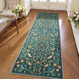 Covaba boho insect botanical floral runner rug in forest fern, styled in a room setting