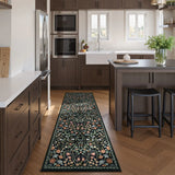 Covaba maximalism vibrant blossom floral runner rug in ink black, styled in a room setting