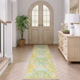 Covaba maximalism vibrant floral runner rug in sage mist, styled in a room setting, view 2