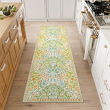 Covaba maximalism vibrant floral runner rug in sage mist, styled in a room setting