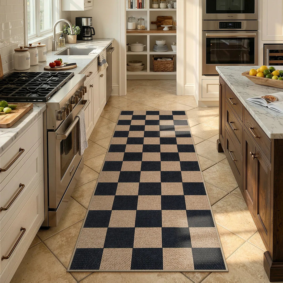 Covaba checkered easy jute natural indoor/outdoor runner rug in ink black, styled in a room setting
