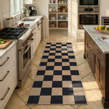 Covaba checkered easy jute natural indoor/outdoor runner rug in ink black, styled in a room setting