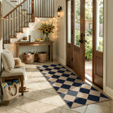 Covaba geometric checkered easy jute indoor/outdoor runner rug in ink black, styled in a room setting, view 3