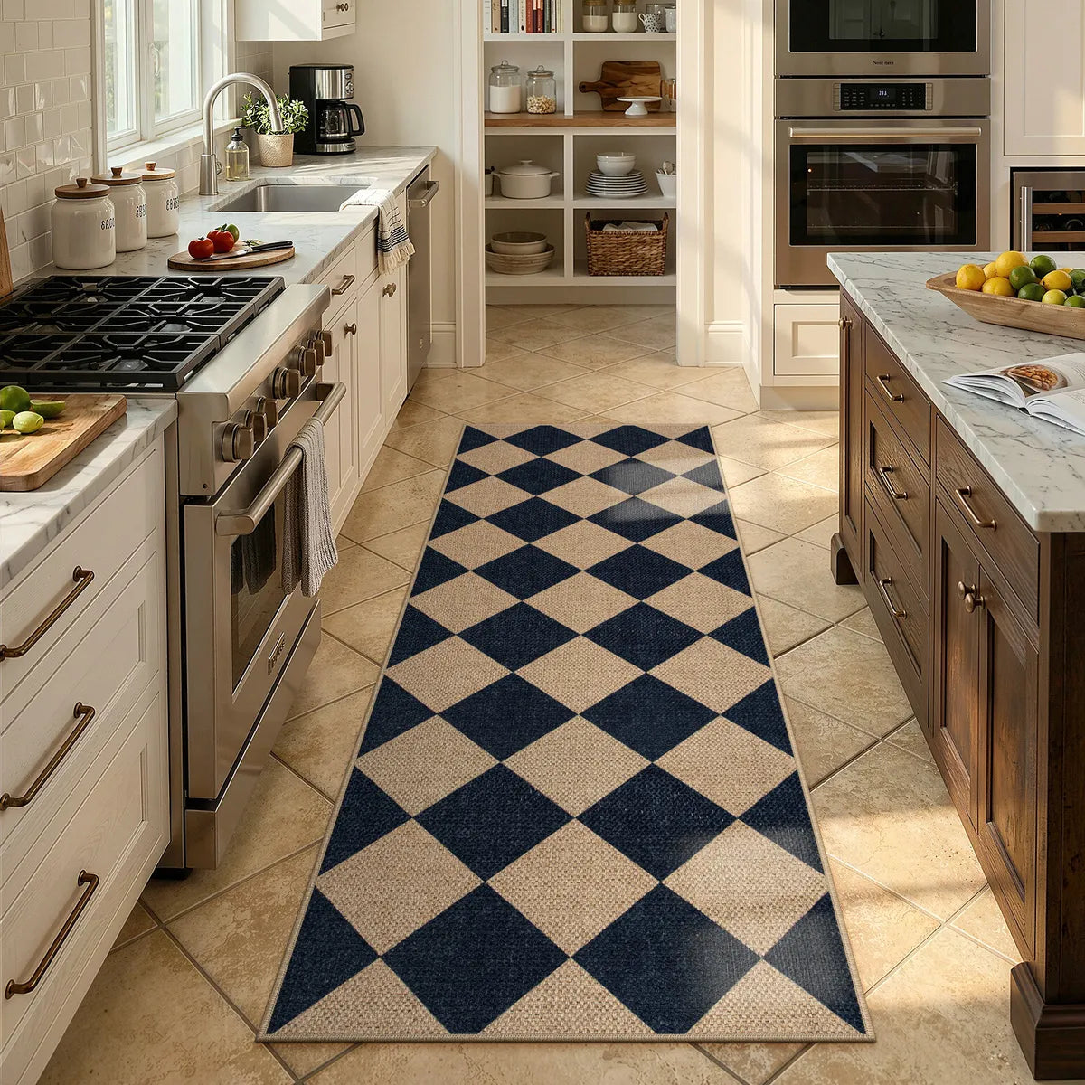 Covaba geometric checkered easy jute indoor/outdoor runner rug in ink black, styled in a room setting
