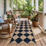 Covaba geometric checkered easy jute indoor/outdoor runner rug in ink black, styled in a room setting, view 4