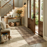 Covaba geometric checkered easy jute indoor/outdoor runner rug in dune khaki, styled in a room setting, view 7
