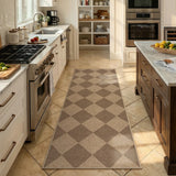 Covaba geometric checkered easy jute indoor/outdoor runner rug in dune khaki, styled in a room setting, view 6
