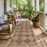 Covaba geometric checkered easy jute indoor/outdoor runner rug in dune khaki, styled in a room setting, view 9