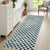 Covaba check soft easy jute black/white indoor/outdoor runner rug in soft white, styled in a room setting, view 5