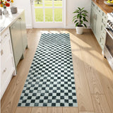 Covaba check soft easy jute black/white indoor/outdoor runner rug in soft white, styled in a room setting, view 3