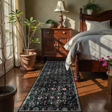 Covaba ultra-thin vintage floral moroccan trellis runner rug in ink black, styled in a room setting, view 3