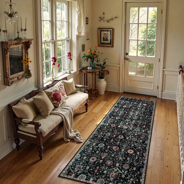 Covaba ultra-thin vintage floral moroccan trellis runner rug in ink black, styled in a room setting