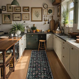 Covaba ultra-thin vintage floral moroccan trellis runner rug in ink black, styled in a room setting, view 4