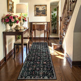 Covaba ultra-thin vintage floral moroccan trellis runner rug in ink black, styled in a room setting, view 2