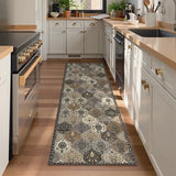 Covaba ultra-thin vintage floral moroccan trellis runner rug in pearl grey, styled in a room setting, view 4
