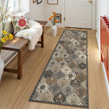 Covaba ultra-thin vintage floral moroccan trellis runner rug in pearl grey, styled in a room setting, view 5