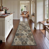 Covaba ultra-thin vintage floral moroccan trellis runner rug in pearl grey, styled in a room setting, view 6