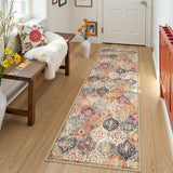 Covaba ultra-thin vintage floral moroccan trellis and runner rug in faded rose, styled in a room setting, view 3