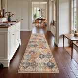 Covaba ultra-thin vintage floral moroccan trellis and runner rug in faded rose, styled in a room setting, view 5