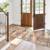 Covaba ultra-thin vintage floral moroccan trellis and runner rug in faded rose, styled in a room setting, view 6