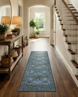 Covaba maximalism vintage french floral runner rug in stormy blue, styled in a room setting