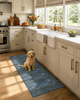 Covaba maximalism vintage french floral runner rug in stormy blue, styled in a room setting, view 4