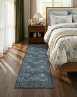 Covaba maximalism vintage french floral runner rug in stormy blue, styled in a room setting, view 2