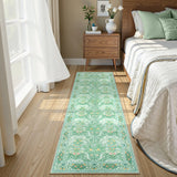 Covaba maximalism vintage french floral runner rug in willow sage, styled in a room setting, view 2