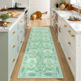 Covaba maximalism vintage french floral runner rug in willow sage, styled in a room setting