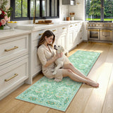 Covaba maximalism vintage french floral runner rug in willow sage, styled in a room setting, view 3