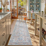 Covaba maximalism vintage french floral runner rug in warm beige, styled in a room setting