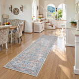Covaba maximalism vintage french floral runner rug in warm beige, styled in a room setting, view 3