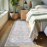 Covaba maximalism vintage french floral runner rug in warm beige, styled in a room setting, view 2