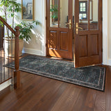 Covaba maximalism vintage french floral runner rug in ink black, styled in a room setting, view 2